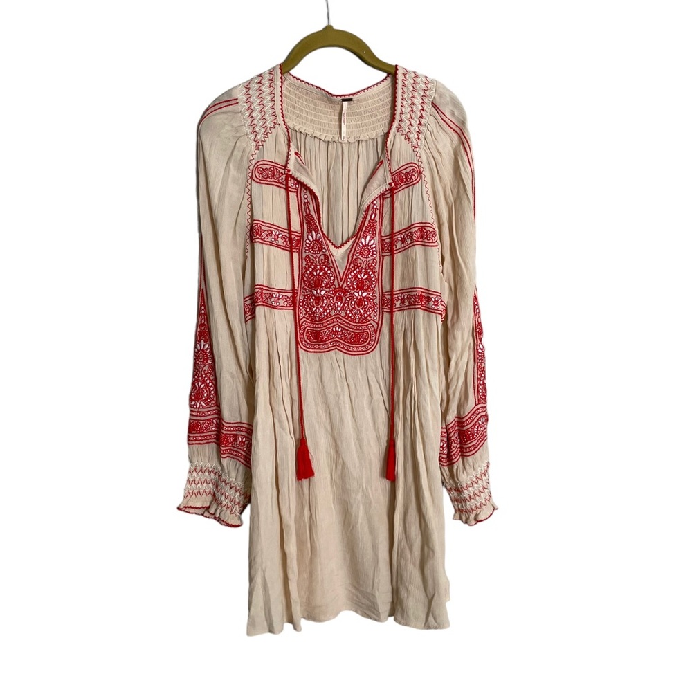 Free People Wind Willow Boho Red Trim Dress Small